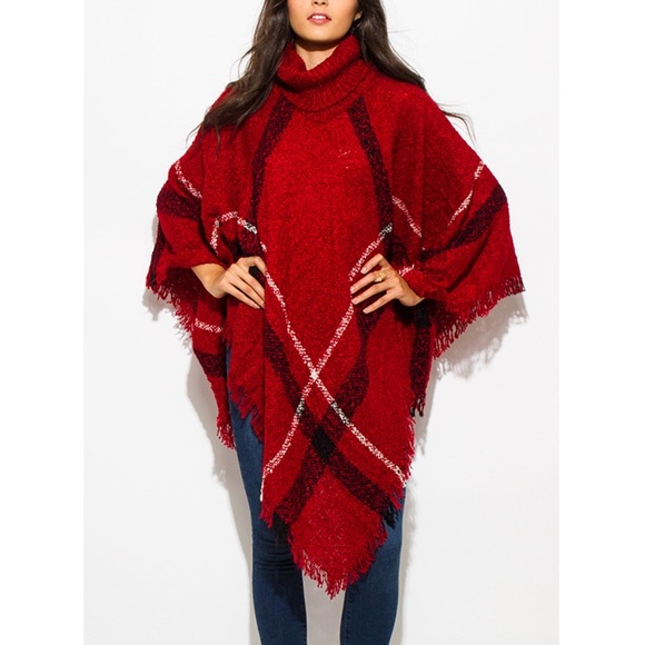 🌹RED PLAID PONCHO - Picture 1 of 3